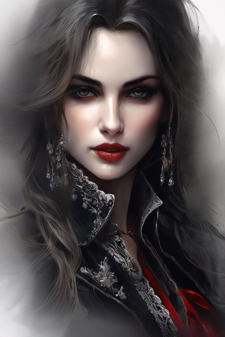 a female vampire_knight, confident, smirk, sexy, beauty, glare,((wet)), dark background with contrast, masterpice, detailed, realistic, real, intricate, proffesional, 4K, ((by Anne Bachelier))