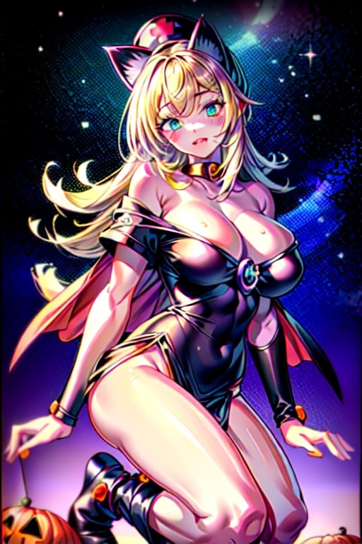 solo,masterpiece,bangs, bare_shoulders, slim hands,black_legwear,collarbone, {big milkers} milf,sugimori ken \(style\) (full body),1girl,high_resolution,black_tights,(Dark_Magican_Girl:1.3),dark magician girl,light_blonde_hair,(hallowen theme:1.3),High detailed,high quality,Detailed face,looking_at_viewer,nurse_hat,full body,green_eyes,eyeshadow,perfect_fingers,(sexy_lip_biting:1.3), sky, star (sky), scenery,(1girl dress up nurse uniform:1.3),blush,black boots,8k,smooth cheeks,nurse stage,kitty ears,kitty tail,pumpkin ghost,smooth skin,