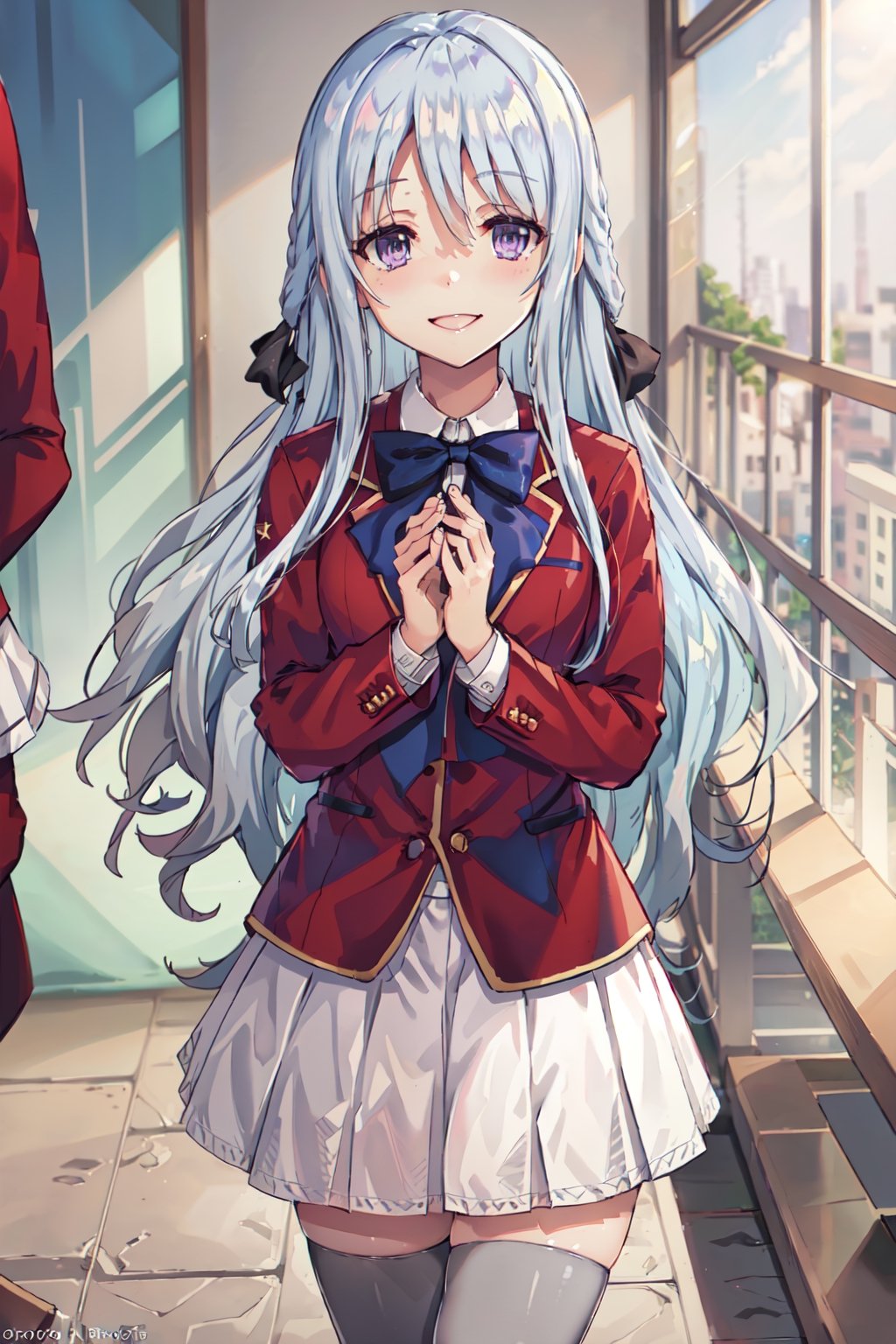 (masterpiece, top quality, best quality, official art, picture perfect, 8k:1.3), 1girl, solo, Hiyori, (looking at viewer, cowboy shot:1), (light blue hair, bluish silver hair, light blue colored hair, blue hair, grey hair, flowing hair, black hair ribbons:1.2), (purple eyes, shining purple eyes:1.3), (smile, closed mouth:1.2), (medium breasts:1), (Hiyori School, school uniform, red blazer, red jacket, white dress, white skirt, pleated skirt, blue bow, grey thighhighs, Zettai Ryouiki:1.15),
