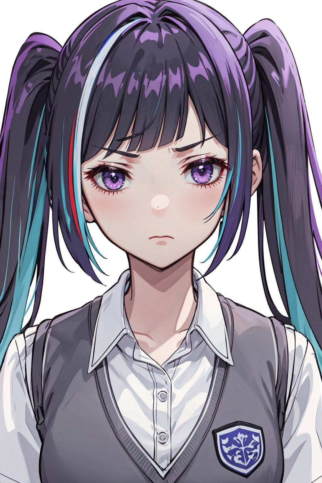 (masterpiece, top quality, best quality, official art, picture perfect, 8k:1.3), 1girl, solo, Yuki Himeno, Himeno Yuki, (looking at the viewer, face close up, upper body shot:1.3) (purple hair, blue hair, twintails, streaked hair, multicolored hair, blunt bangs:1.5), (purple eyes, shining purple eyes:1.3), (medium breasts, frown, closed mouth:1.1), (school uniform, grey sweater vest, white shirt:1.25),
