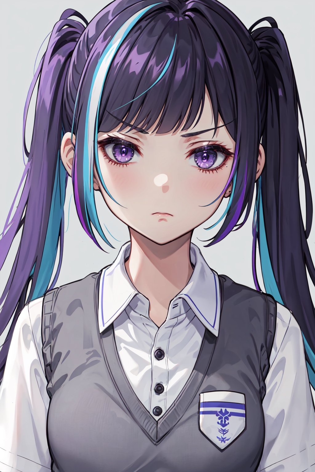 (masterpiece, top quality, best quality, official art, picture perfect, 8k:1.3), 1girl, solo, Yuki Himeno, Himeno Yuki, (looking at the viewer, face close up, upper body shot:1.3) (purple hair, blue hair, twintails, streaked hair, multicolored hair, blunt bangs:1.5), (purple eyes, shining purple eyes:1.3), (medium breasts, frown, closed mouth:1.1), (school uniform, grey sweater vest, white shirt:1.25),
