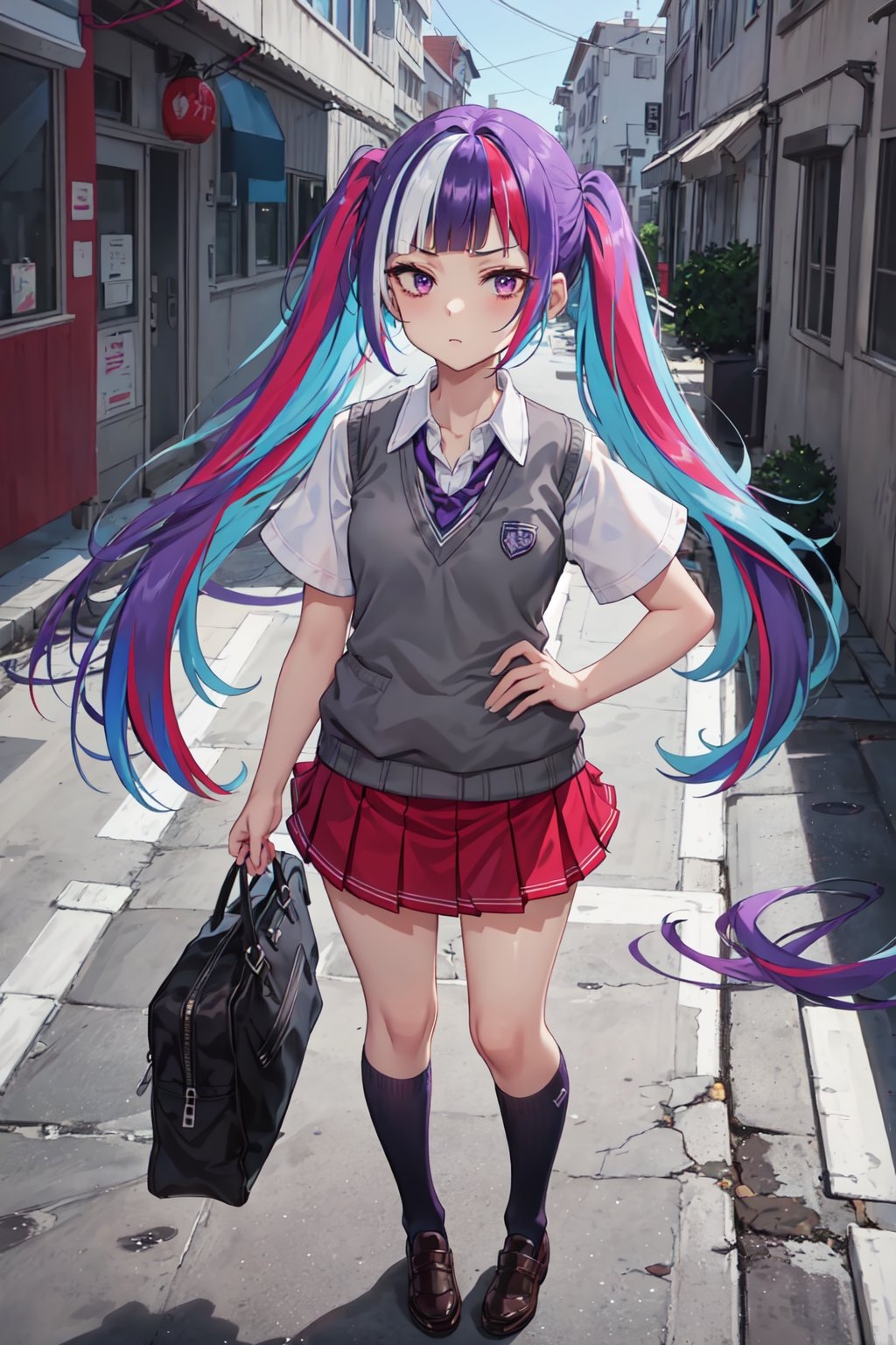 (masterpiece, top quality, best quality, official art, picture perfect, 8k:1.3), 1girl, solo, Yuki Himeno, Himeno Yuki, (looking at the viewer, full body shot, standing:1.3) (purple hair, blue hair, twintails, streaked hair, multicolored hair, blunt bangs:1.5), (purple eyes, shining purple eyes:1.3), (medium breasts, frown, closed mouth:1.1), (school uniform, red pleated skirt, grey sweater vest, white shirt, knee:1.25),
