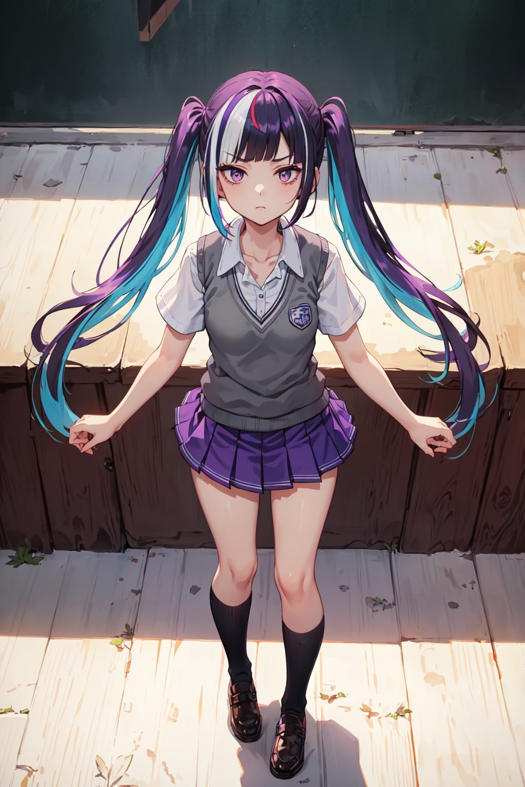 (masterpiece, top quality, best quality, official art, picture perfect, 8k:1.3), 1girl, solo, Yuki Himeno, Himeno Yuki, (looking at the viewer, full body shot, standing:1.3) (purple hair, blue hair, twintails, streaked hair, multicolored hair, blunt bangs:1.5), (purple eyes, shining purple eyes:1.3), (medium breasts, frown, closed mouth:1.1), (school uniform, red pleated skirt, grey sweater vest, white shirt, knee:1.25),
