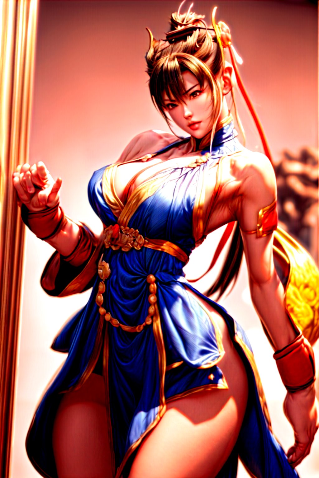 Solo, Street Fighter, perfect body, very feminine oriental warrior(chun Li), perfect hands and fingers, high level of detail (masterpiece, best quality), intense framing, dynamic angle, standing, perfect hand with the right finger, BetterHands , Better_Hands, 