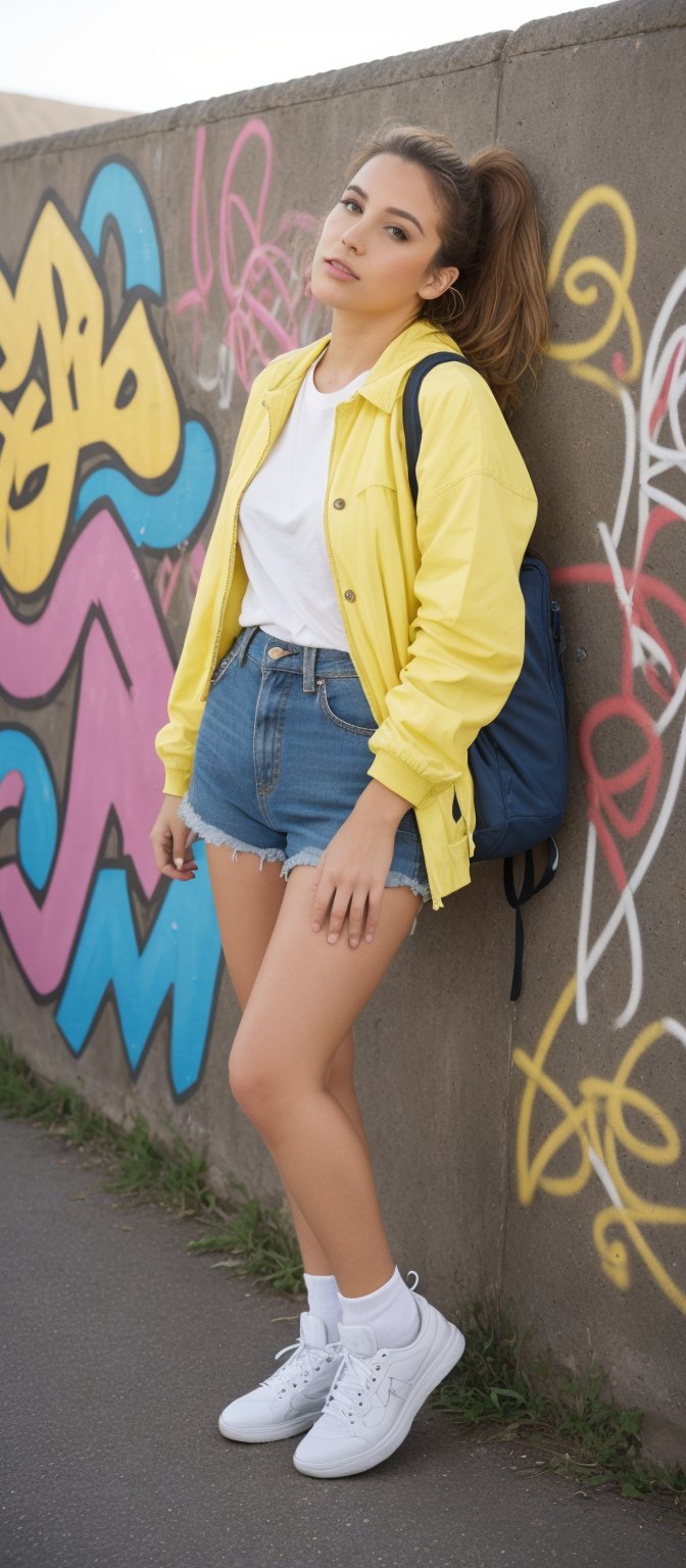 A carefree summer day scene: a laid-back individual, sporting bold and edgy ANTI FASHION attire from our S/SS24 collection, stands in front of a colorful, graffiti-covered wall. The outfit features a bright yellow jacket with oversized buttons, paired with distressed denim shorts and chunky sneakers. A messy, undone hairstyle and minimal makeup complete the look. The individual slouches against the wall, one hand holding a guitar case, while the other hand grasps a worn-out backpack, as if ready to hit the road. Warm sunlight casts a golden glow, emphasizing the laid-back atmosphere.