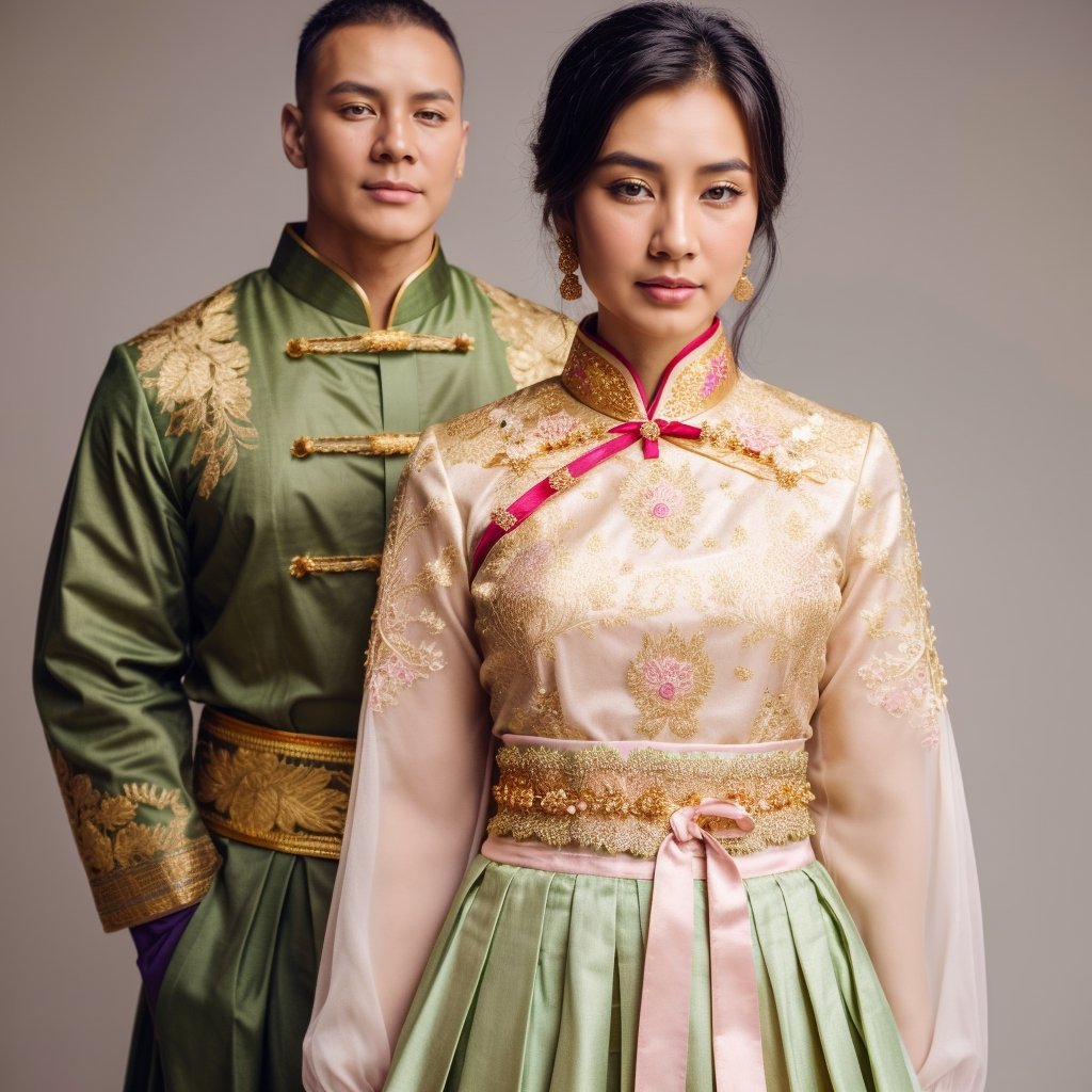 In the photograph, a Xinjiang woman stands elegantly in a traditional Chinese ensemble. She wears a light purple skirt adorned with intricate gold embroidery, paired with a white blouse featuring delicate pink and gold floral patterns. The blouse boasts a high collar, long sleeves, and a pink ribbon tied at the waist. Completing the look is a stylish gold belt fastened by a gleaming gold buckle. Additionally, John Cena dons this traditional costume lace with authenticity, adding to the cultural richness of the scene. The image is expertly captured with a Canon EOS D5 Mark IV, imbuing the full body shot with a touch of professional finesse.,z1l4,from behind,Germany Male