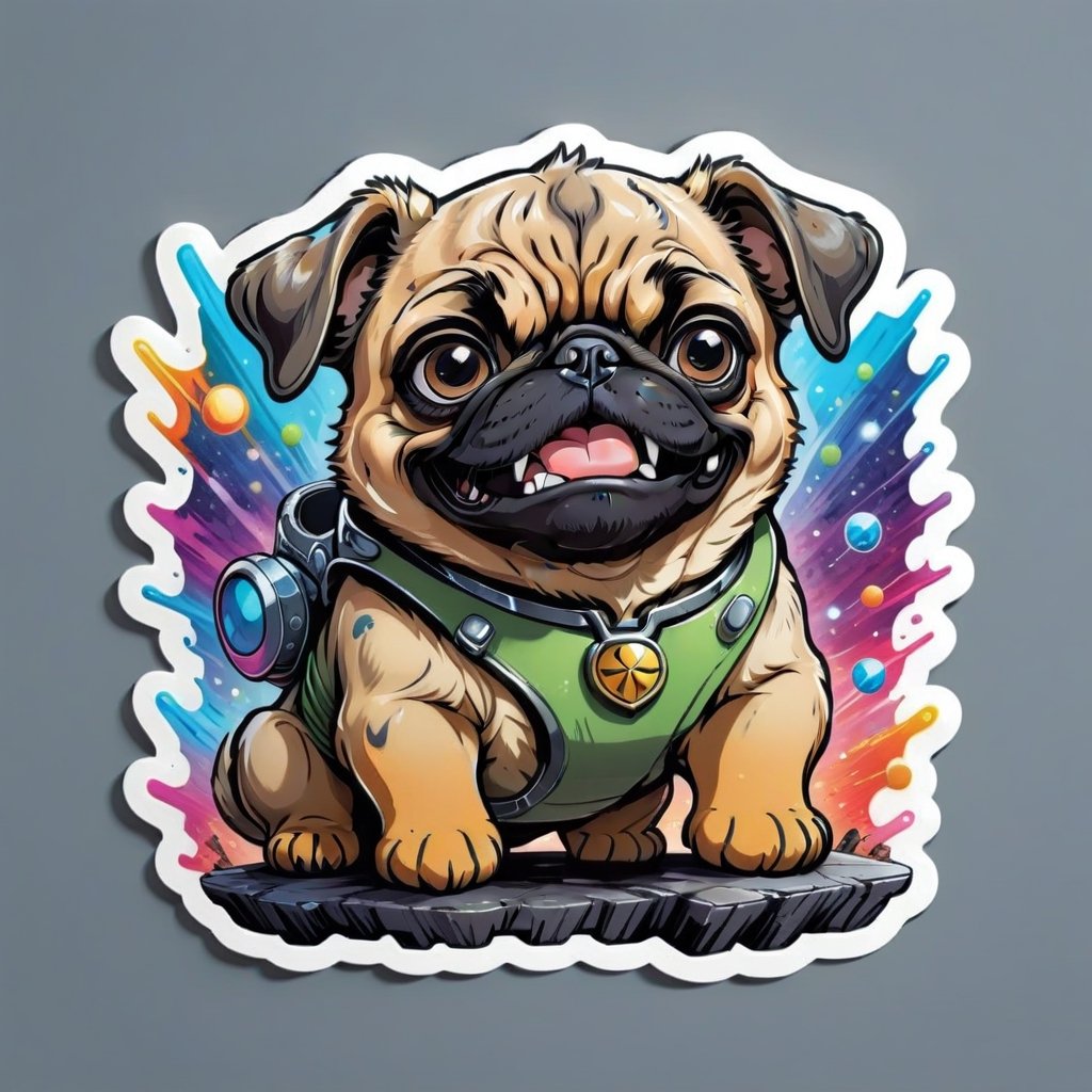 (highly detailed, masterpiece, best quality,highres:1.3), sticker bomb, flat vector, mascot design, character design, cartoon, ((angry dog face)),breed_pug, black chibi, Leonardo Style, sticker, graffiti art, street art, "fist hand sign", no face, showing, realistic art, viking loki, floating, sticker, "floating in space", outer_space, "colorful_spacesuit", "splash color background"