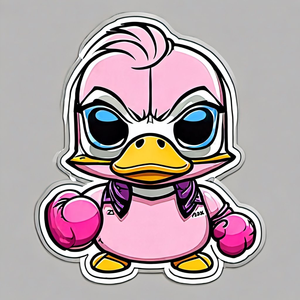 pink duck on steroids, mighty duck, boxing,  jason mask, cartoon, outlines , cute little, sticker, chibi, white background