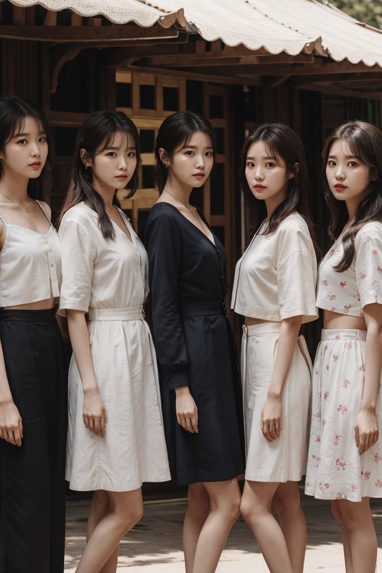 A row of girls, 5girls,stand side by side,iu