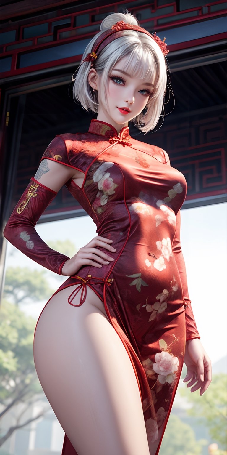 1 girl,adorable,happy,cheongsam,chinese_clothes,hairband,white hair,short hair,blue eyes,makeup,large ass,thick thighs,wide hips,elegant pose,looking at viewer,more detail,red embroidary ,flat chest,AA cup breasts