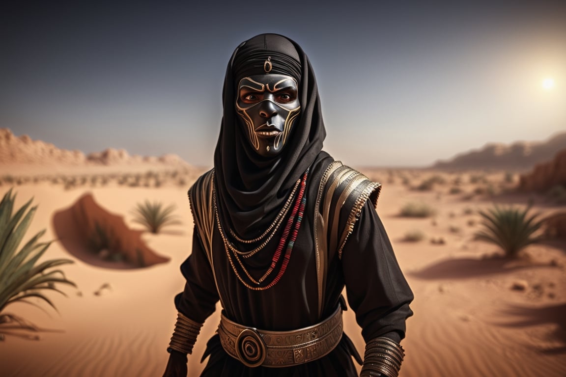 Libya personified as a villain, Cinematic style, Blurred background, High Detail, HR, Dark Background, realistic physics, photorealistic, ray tracing, unreal engine, HDR, 8K, Desert, masked african, war background, scarfaced,Berber