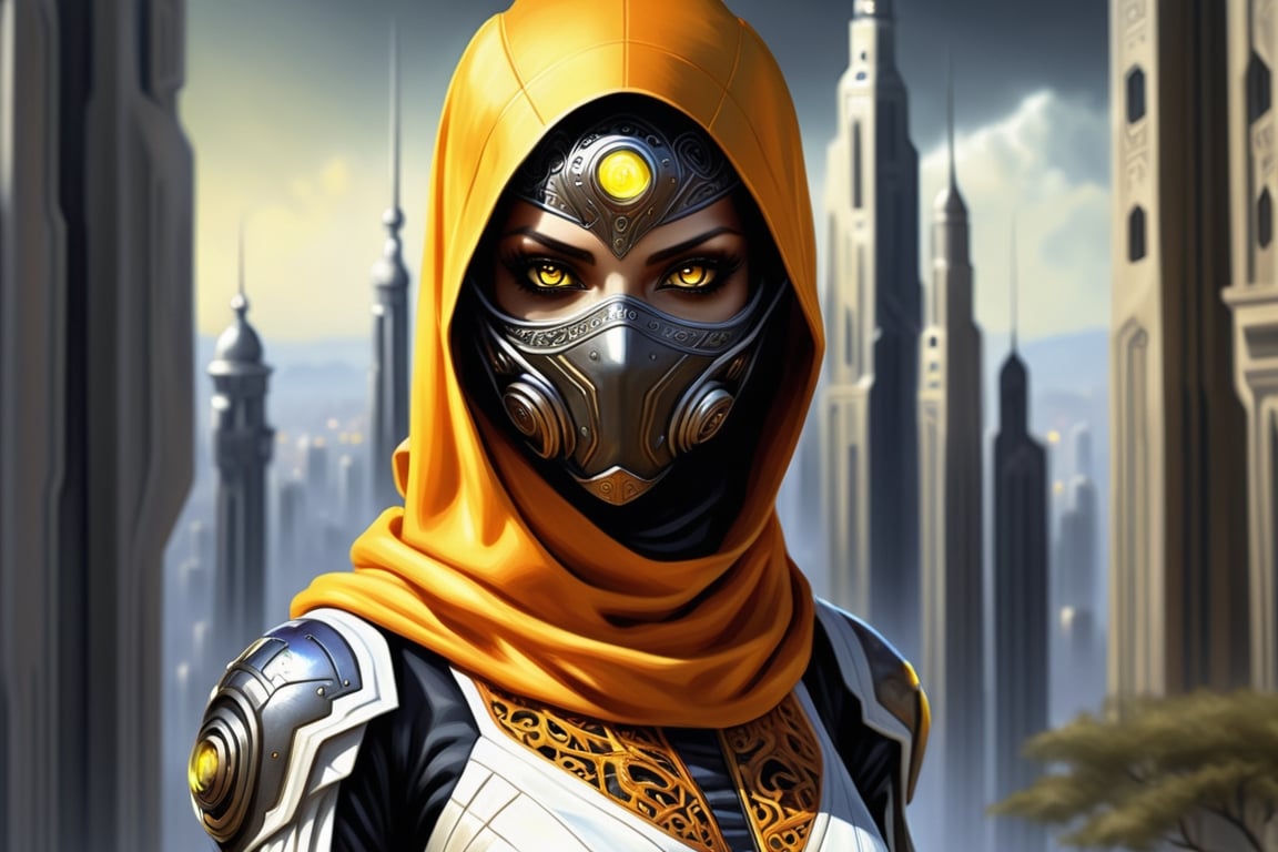 close-up of female ninja "mass effect" fremen knight wearing luxurious yellow and orange silk and lace hijab, in front of futuristic turkish moroccan skyscrapers made from white marble and black stone, ((in the style of Liam wong)), in the middle of a square in Gotham, lithograph, in the style of Gustave Doré and arcane and fernanda suarez and bioshock and dishonored, unrestricted universal love, improve coloring, transparent neon Hologram beam of light, [[[[[Highly Evolved Neo HipHop environment]]]]],[[[Photorealistic photo of Hyperrealistic art Wonderful, cityscape background fusion, biomechanical details, (white and iridescent colors:1.1) bright colors, alchemist, alt_style, cinematic, 35mm film, 35mm photography, film, photo realism, DSLR, 8k uhd, hdr, ultra-detailed, high quality]]] <additional details> stunning appeal, perfect composition, beautiful detailed intricate insanely detailed octane render trending on artstation, 8 k artistic photography, photorealistic concept art, soft natural volumetric cinematic perfect light, award winning photograph, masterpiece, oil on canvas