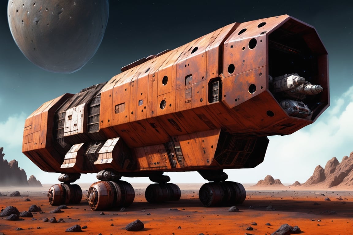 A far wide full profile cinematic image of an old battle-damaged space freighter, colored rust orange by the iron oxide in the asteroid minefields. The ship is large a bulky with cargo departments, but also armed with rail cannons and anti-vehicle drones that guard it. The image should use realistic textures, hyper-realistic image with ultra detailed composition that creates an exciting and intense movie scene