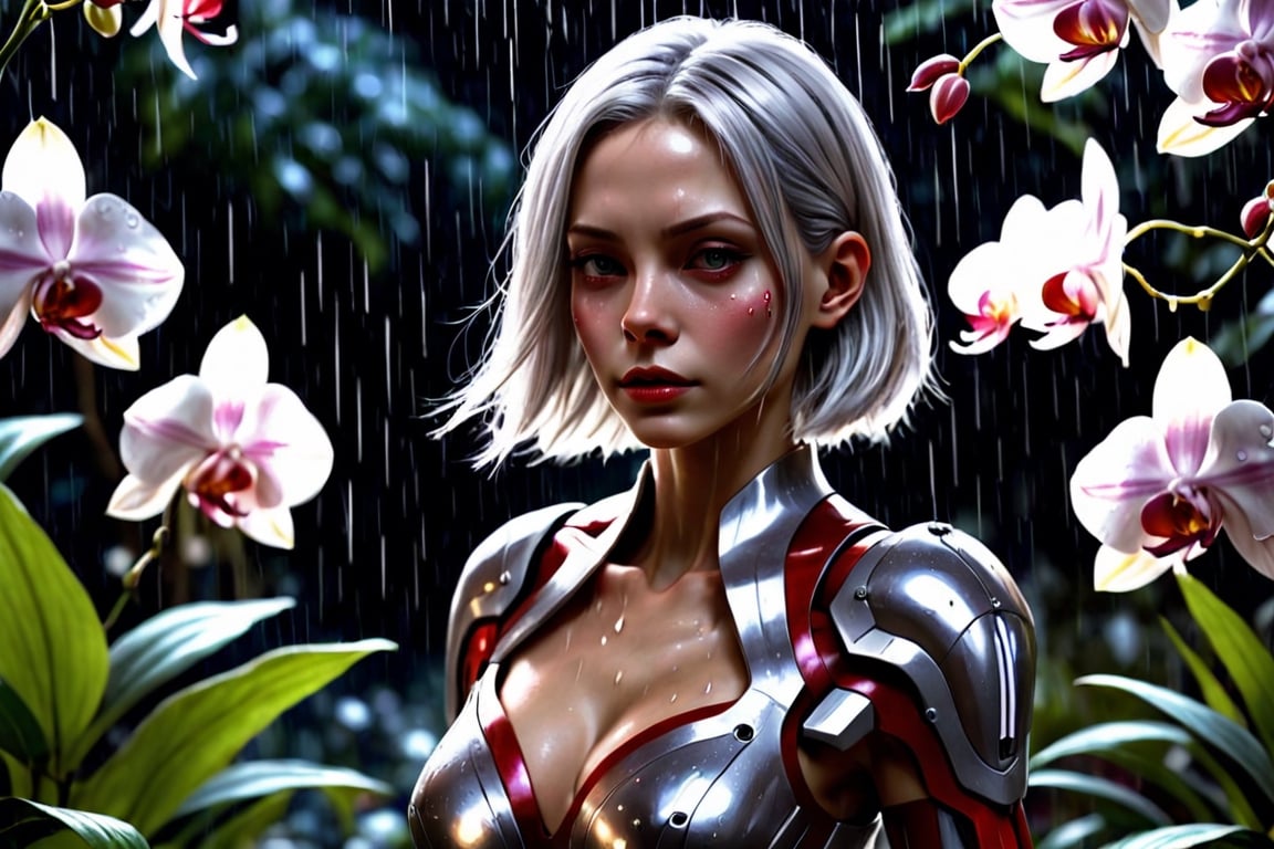 A close up cool cinematic image of a female android with shoulder length silver hair with red highlights, dressed in an elegant gown with low shoulders walks through a beautiful synthetic garden during a rainy summer night. The white orchids tingle with electric as the tiny bolts jump to the android's fingers in a magical dance. The tone of the image is peaceful and calm with the setting a blend of synthetic and organic. 4k, hyper-realistic textures, Ultra-Detailed, electric