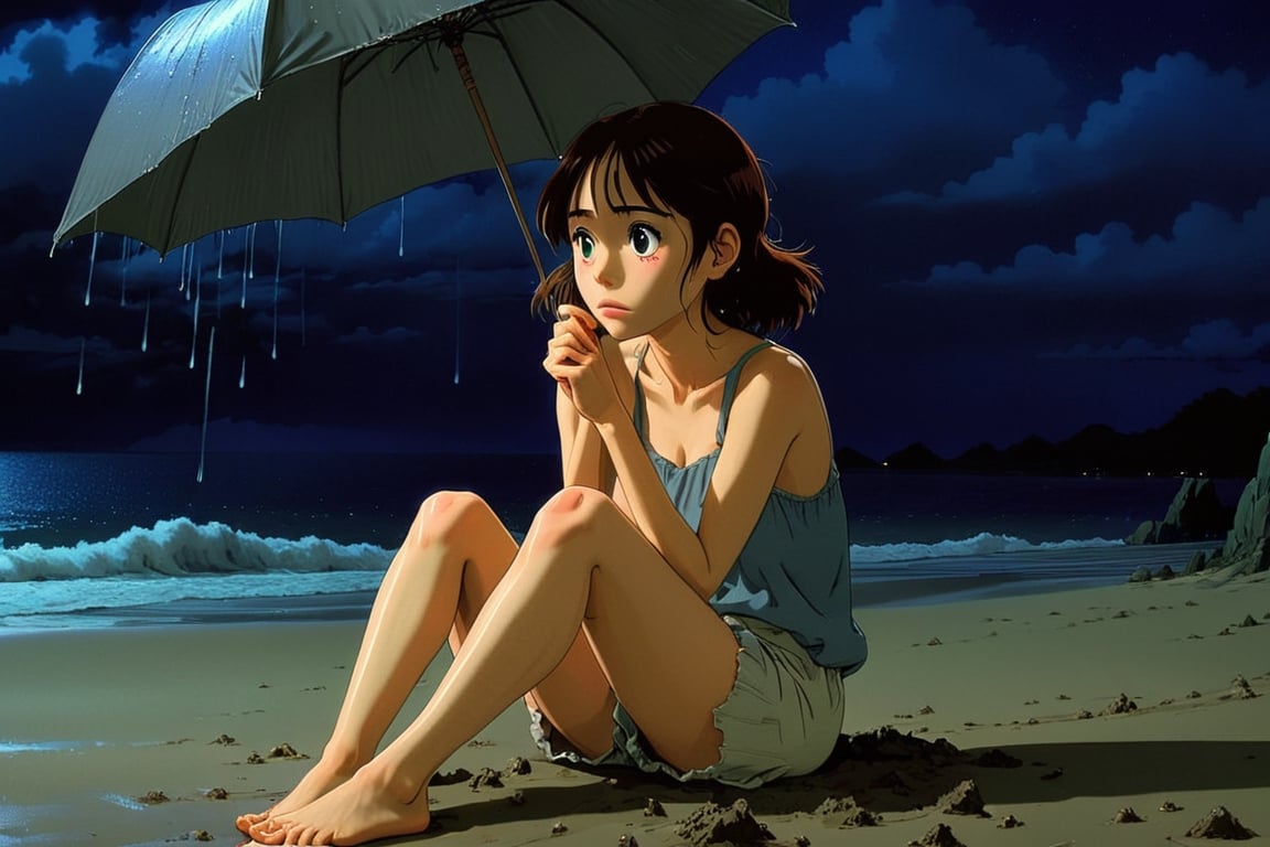 a beautiful woman age 23 breakup, sitting inside beach, night time, rainy season, Studio Ghibli Film by Hayao Miyazaki