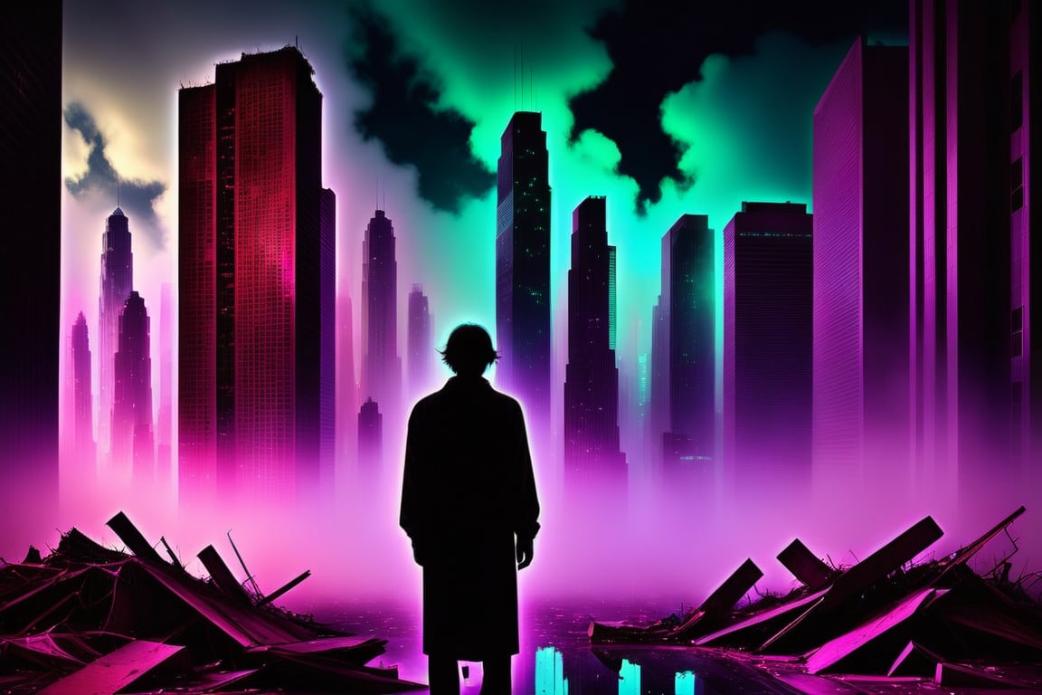 In a digitally distorted landscape of shimmering neon lights and crumbling skyscrapers, a lone figure stands amidst the chaos, their silhouette outlined against a hazy backdrop of pixelated clouds. This surreal scene, captured in a hauntingly beautiful vintage photograph, brings to life an elysian vision of a world once pristine and perfect, now corrupted and decaying. The colors are vibrant and rich, the details painstakingly crafted to evoke a sense of both wonder and unease. The image conveys a sense of nostalgia for a reality that never was, a twisted dream of a future that never came to be.