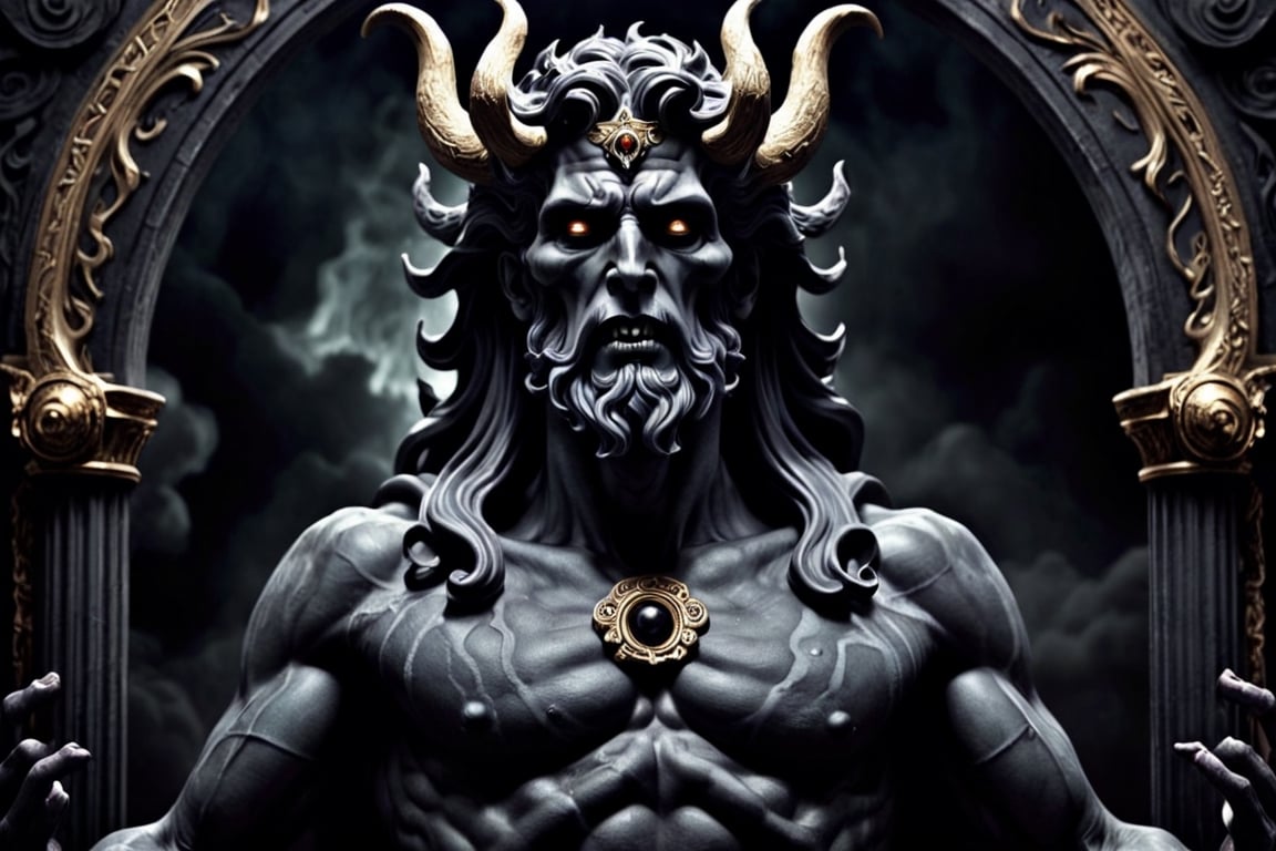 Hades, god of the underworld, Greek mythology, dark fantasy style, in the style of heroic masculinity, i can't believe how beautiful this is, morbid, very detailed, dense atmospheric, epic, dramatic, photography, hyperornate details, large lens