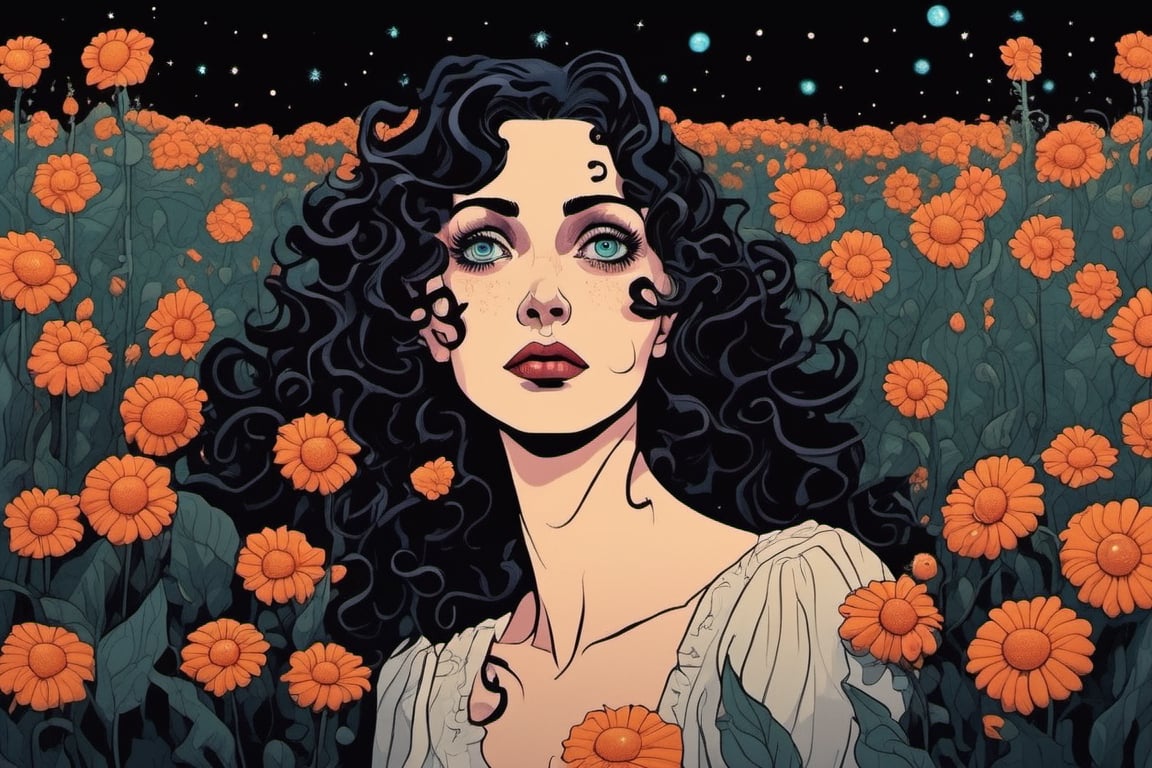 Josh Agle Style, Sarah Morris Style, Ralph Bakshi Style, milo manara Style, a beautiful woman in a field of flowers, haunting eyes, crazy curls, surreal dark art, trending on artstation, interconnected human lifeforms, seafloor, artist unknown, fate unknown, black oled background, bloom, cold stars, flower face, aesthetic ”, eve, contaminated (unsettling Sense of malevolence) fear of the unknown  Existential cosmic horror leica