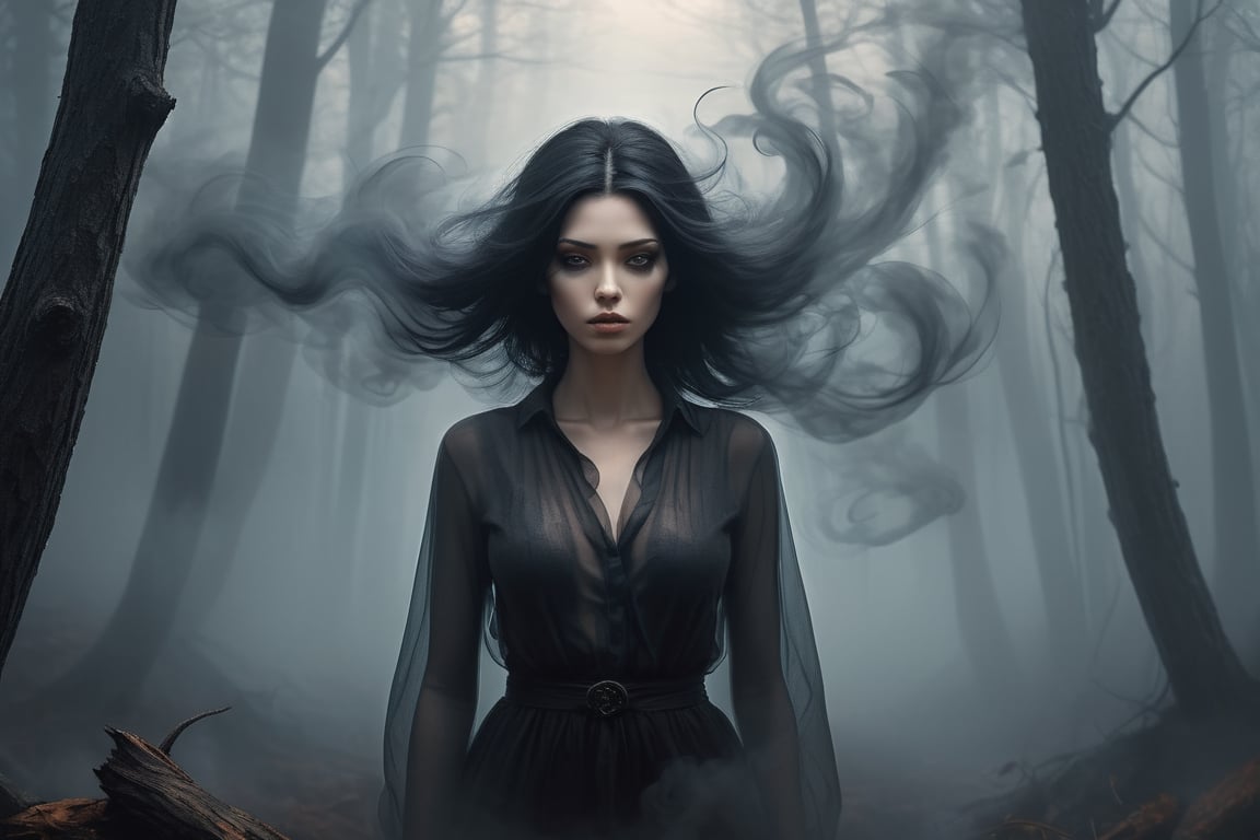 A wispy translucent foggy smoky beautiful woman with black hair, smoke, dark woods, fog, dark spirits; Dark fantasy, concept art. fantastical_Highly detailed, hype_realistic, style of Anton Semenov, Marek Okon, Bernie Wrightson, Marc Simonetti, Kinkade. dramatic, cool colors, high contrast, volumetric lighting, hdr