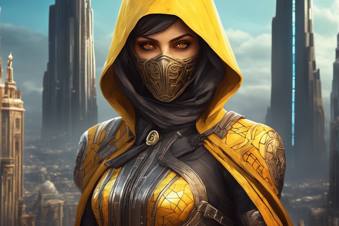 close-up of female ninja "mass effect" fremen knight wearing luxurious yellow and orange silk and lace hijab, in front of futuristic turkish moroccan skyscrapers made from white marble and black stone, ((in the style of Liam wong)), in the middle of a square in Gotham, lithograph, in the style of Gustave Doré and arcane and fernanda suarez and bioshock and dishonored, unrestricted universal love, improve coloring, transparent neon Hologram beam of light, [[[[[Highly Evolved Neo HipHop environment]]]]],[[[Photorealistic photo of Hyperrealistic art Wonderful, cityscape background fusion, biomechanical details, (white and iridescent colors:1.1) bright colors, alchemist, alt_style, cinematic, 35mm film, 35mm photography, film, photo realism, DSLR, 8k uhd, hdr, ultra-detailed, high quality]]] <additional details> stunning appeal, perfect composition, beautiful detailed intricate insanely detailed octane render trending on artstation, 8 k artistic photography, photorealistic concept art, soft natural volumetric cinematic perfect light, award winning photograph, masterpiece, oil on canvas