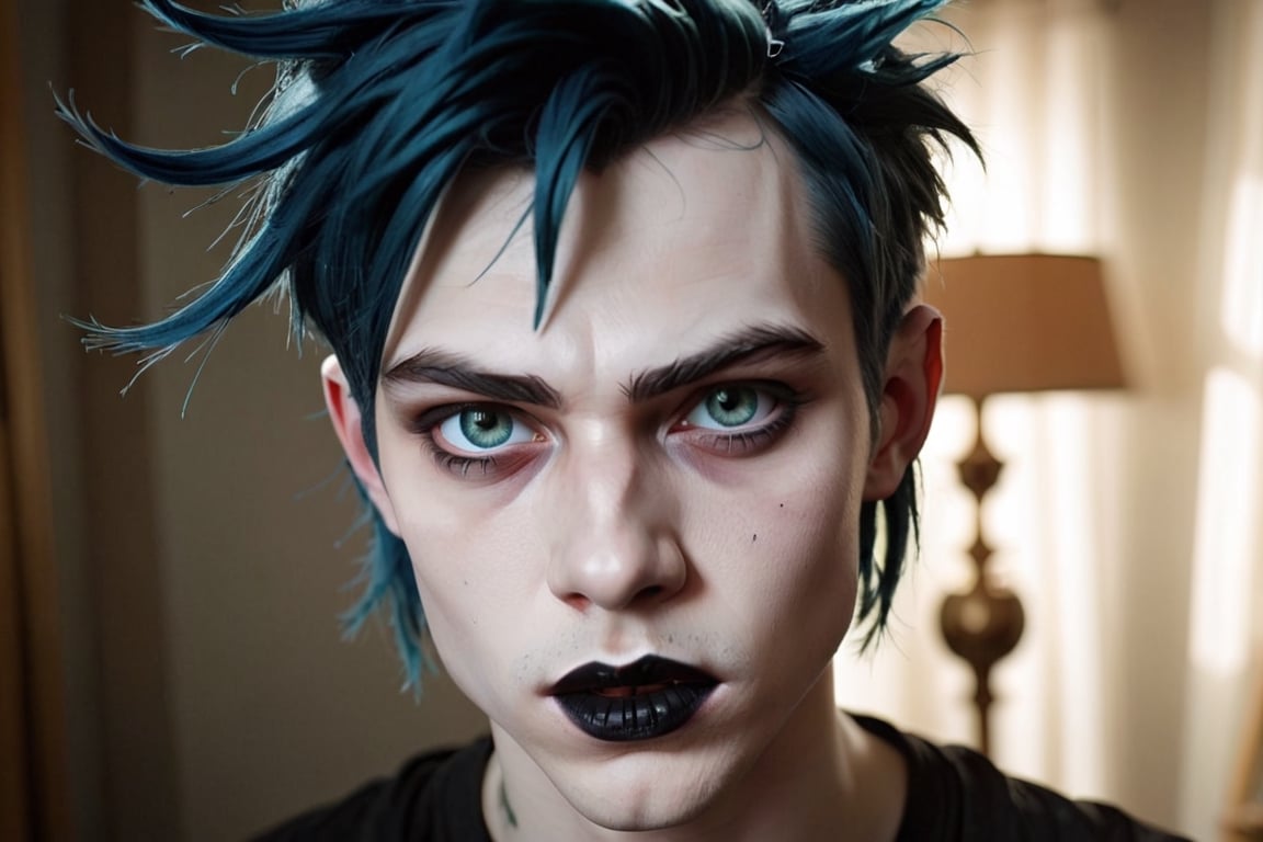 photo of a exquisitely beautiful pale skin goth Russian boy, black make-up, black mascara, black lipstick, blue hair, green eyes satanist, 25yo, photograph by Sanne van rozendaal, Thorough, analog style, eye focus, highest quality, (highly detailed skin), perfect face, alluring eyes, skin pores, (piercing:0.5), indoor, messy bedroom, (bokeh:0.6), sharp focus, dappled lighting, (backlighting:0.7), film grain, photographed on a Sony A7R IV, 18mm F/1.7 cine lens, (highly detailed, intricately detailed), 8k, HDR, posing, front view, (upper body:0.9)