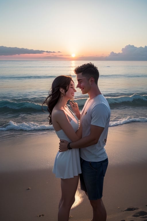 As the sun sets over the ocean, a young couple embraces on the beach, their love radiating in the warm golden light.