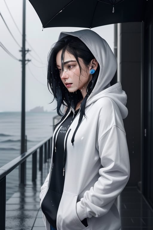 Visualize an exceptionally beautiful girl with long, black and white hair standing at the top of a skyscraper or near the ocean. She's wearing a blue hoodie and has earphones in her ears. Despite her remarkable beauty, she's deeply distressed, tears mixing with the rain as she gazes up at the sky, getting drenched by the pouring rain