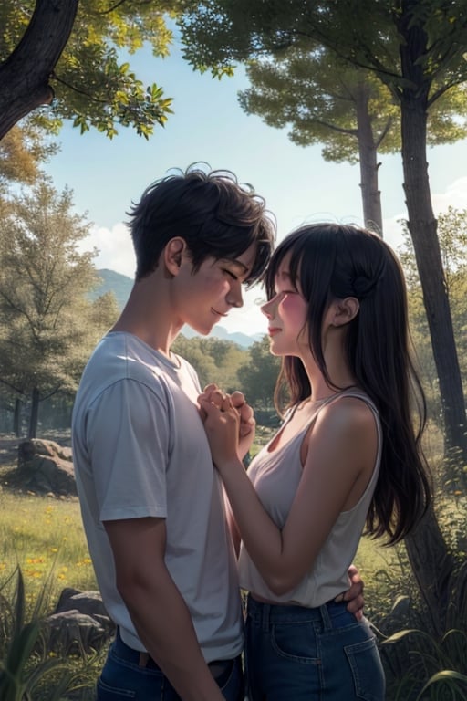 A serene nature background with a gentle breeze rustling through the trees, framing an adorable teenage couple lost in a moment of pure love and joy, their anime-inspired features shining with emotion.