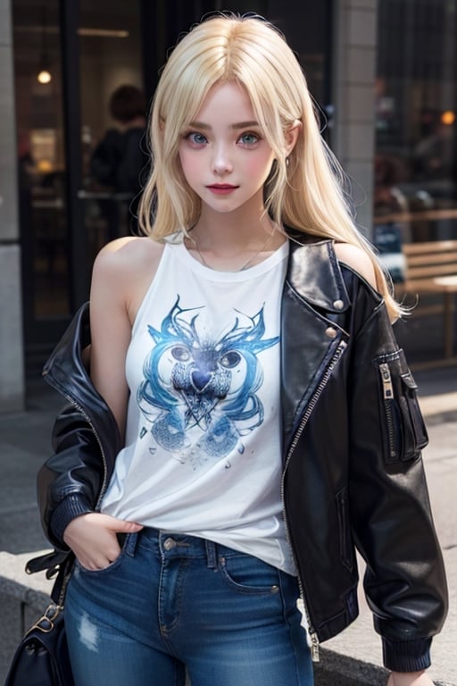 a boy, charming, romantic, playful, confident, wearing wide shoulder multi patterned black jacket with white tee and leather skinny pants, hair blond color, with a girl radiant, responsive, has expressive eyes and she's graceful, she i wearing a long Buggie tee and skinny jeans and has blue and white colored long hair, anime.