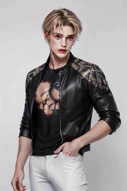 a boy, charming, romantic, playful, confident, wearing wide shoulder multi patterned black jacket with white tee and leather skinny pants, hair blond color tied in a ponytail.