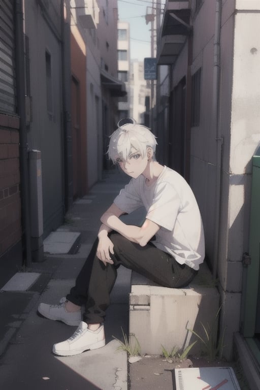 Generate a 3D rendered anime boy in a desolate urban alleyway, sitting alone and lost in thought.