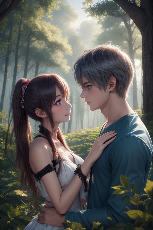 A dreamy nature background, with a misty forest setting the scene for an adorable teenage couple, their anime-inspired eyes locked in a loving gaze as they explore the beauty of nature together.,girl