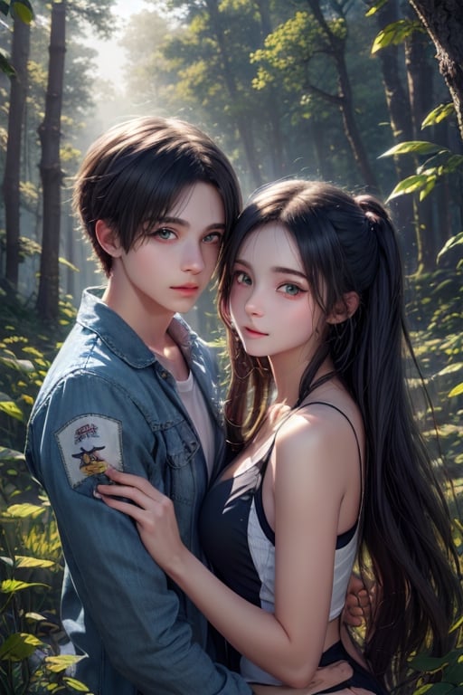 A dreamy nature background, with a misty forest setting the scene for an adorable teenage couple, their anime-inspired eyes locked in a loving gaze as they explore the beauty of nature together.,girl