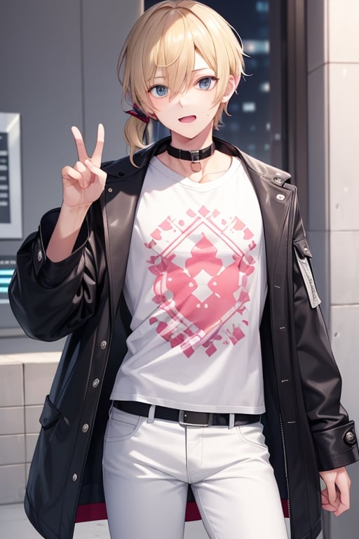 a boy, charming, romantic, playful, confident, wearing wide shoulder multi patterned black jacket with white tee and leather skinny pants, hair blond color tied in a ponytail.