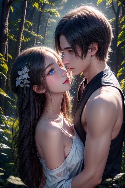 A dreamy nature background, with a misty forest setting the scene for an adorable teenage couple romancing, their anime-inspired eyes locked in a loving gaze as they explore the beauty of nature together.,girl