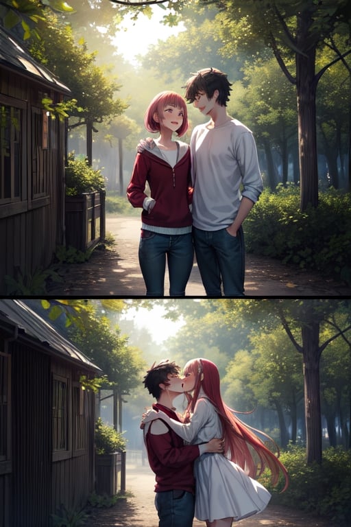 A serene nature background with a gentle breeze rustling through the trees, framing an adorable teenage couple lost in a moment of pure love and joy, their anime-inspired features shining with emotion.