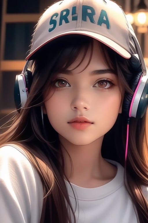 A girl wearing headphones and a hat, specifically a baseball cap. She has long brown hair and striking brown eyes. She is looking directly at the viewer, with her lips closed. She is dressed in long sleeves, and the focus is on her upper body. Her black hair is flowing and her lips are detailed and beautiful. She is an artist, and her name is important to the prompt. For the material, it should be a detailed illustration or a high-resolution photograph to capture the essence of the artwork. The image should be of the best quality, potentially in 4k, 8k or high resolution, and can be considered a masterpiece. The level of detail should be ultra-detailed and realistic, with a photo-realistic effect. As for the art style, it can be a portrait that showcases the girl's features and personality. The color tone should be vibrant and vivid, adding life and depth to the image. The lighting should be professionally done, with studio lighting that accentuates the girl's face and features. The focus should be sharp, capturing every detail flawlessly. Overall, the prompt should be concise and straightforward, without any unnecessary explanations. The tags should be arranged in order of importance, highlighting the key elements of the visual concept.

