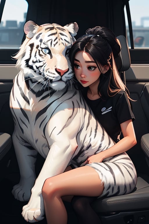 A girl with long, black and white highlighted hair seated next to a white tiger.
