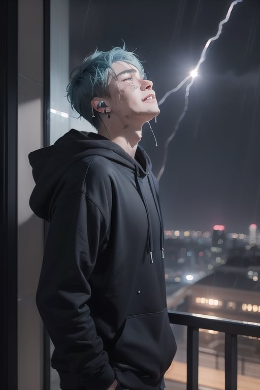 1 boy, sad and depressed with a sadic smile on his face, standing near the ocean or on a skyscraper, has blue hair, wearing a black hoodie with earphones in his ears, looking up the sky that is pouring rain and making him wet