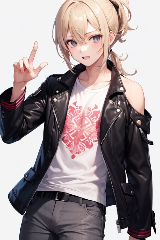 a boy, charming, romantic, playful, confident, wearing wide shoulder multi patterned black jacket with white tee and leather skinny pants, hair blond color tied in a ponytail.