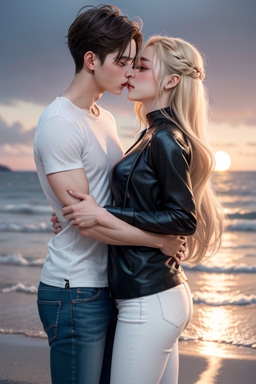 Envision a romantic anime-style scene with a charming young boy and a radiant girl locked in a warm embrace against the backdrop of a picturesque sunset by the sea; the boy exudes confidence and playfulness in a wide-shouldered, multi-patterned black jacket with a white tee, leather skinny pants, and striking blond hair, while the girl, with expressive eyes and a graceful presence, dons a long Buggie tee, skinny jeans, and beautifully colored long hair in shades of blue and white, symbolizing their deep connection, sealed with a tender kiss in this truly romantic and picturesque moment.