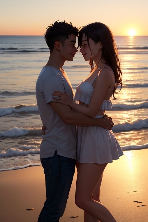 As the sun sets over the ocean, a young couple embraces on the beach, their love radiating in the warm golden light.