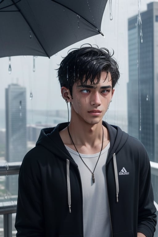 Visualize an exceptionally handsome teenage boy with medium long, black and white hair standing at the top of a skyscraper or near the ocean. he's wearing a blue hoodie and has earphones in her ears. Despite his remarkable handsomeness, he's deeply distressed, tears mixing with the rain as he gazes up at the sky, getting drenched by the pouring rain

