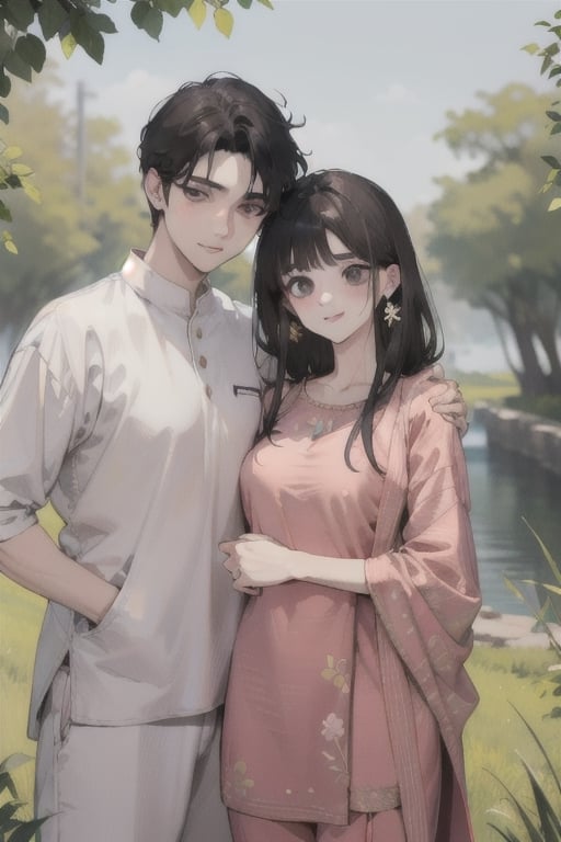 nature background, an adorable couple,wearing wrenchpjbss
