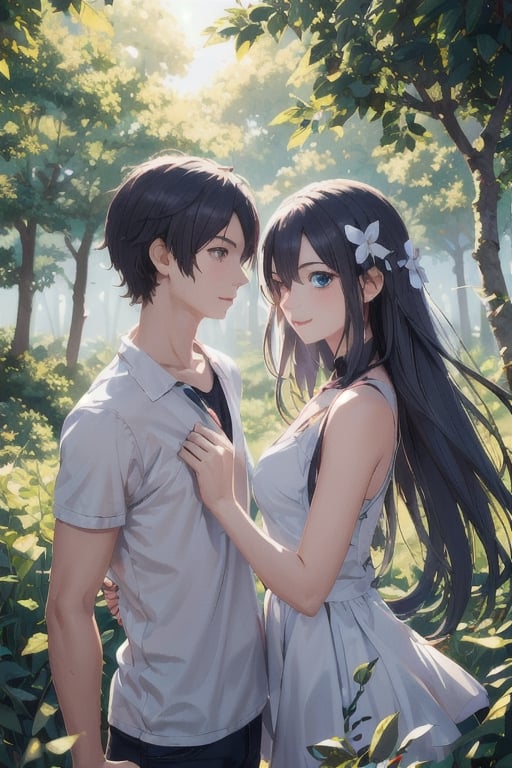 A dreamy nature background, with a misty forest setting the scene for an adorable teenage couple, their anime-inspired eyes locked in a loving gaze as they explore the beauty of nature together.,girl