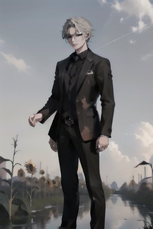 Craft a 3D anime character of a sorrowful male character standing in a field of withered sunflowers.