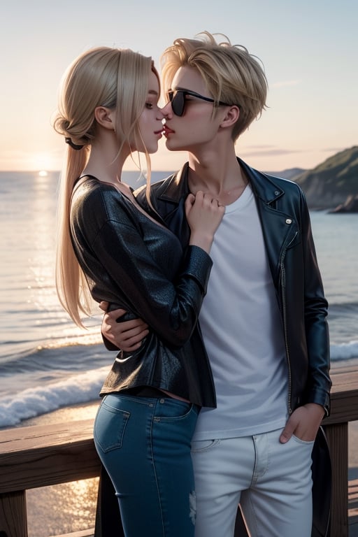 Envision a romantic anime-style scene with a charming young boy and a radiant girl locked in a warm embrace against the backdrop of a picturesque sunset by the sea; the boy exudes confidence and playfulness in a wide-shouldered, multi-patterned black jacket with a white tee, leather skinny pants, and striking blond hair, while the girl, with expressive eyes and a graceful presence, dons a long Buggie tee, skinny jeans, and beautifully colored long hair in shades of blue and white, symbolizing their deep connection, sealed with a tender kiss in this truly romantic and picturesque moment.