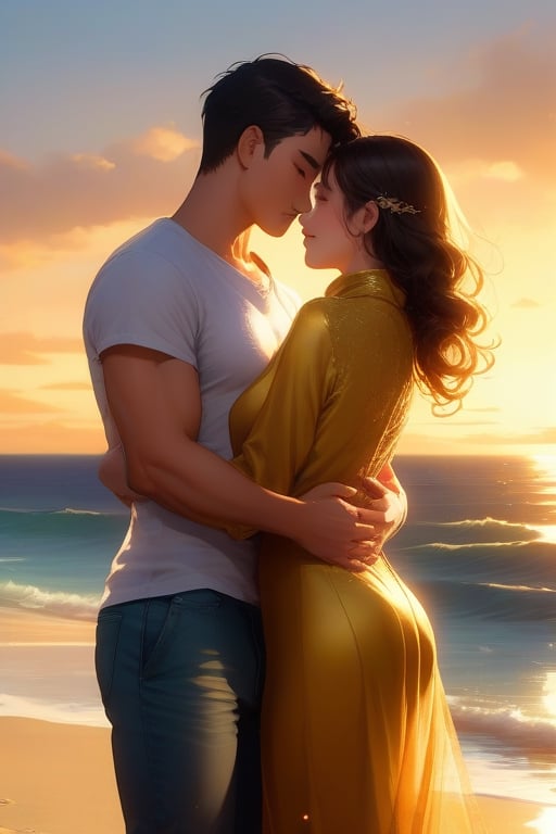 As the sun sets over the ocean, a young couple embraces on the beach, their love radiating in the warm golden light.