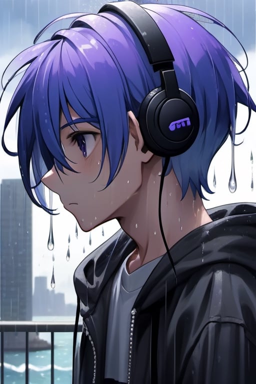 1 boy, sad and depressed on his face, standing near the ocean or on a skyscraper, has blue-purple hair, wearing a black hoodie with earphones in his ears, looking up the sky that is pouring rain and making him wet