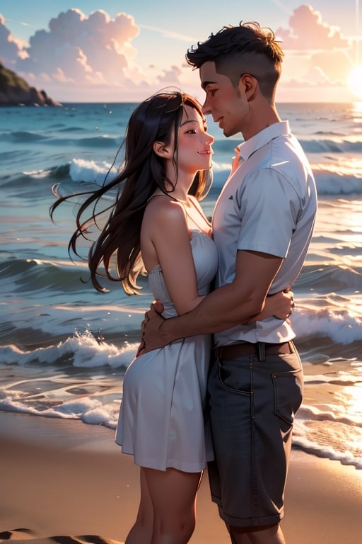 As the sun sets over the ocean, a young couple embraces on the beach, their love radiating in the warm golden light.